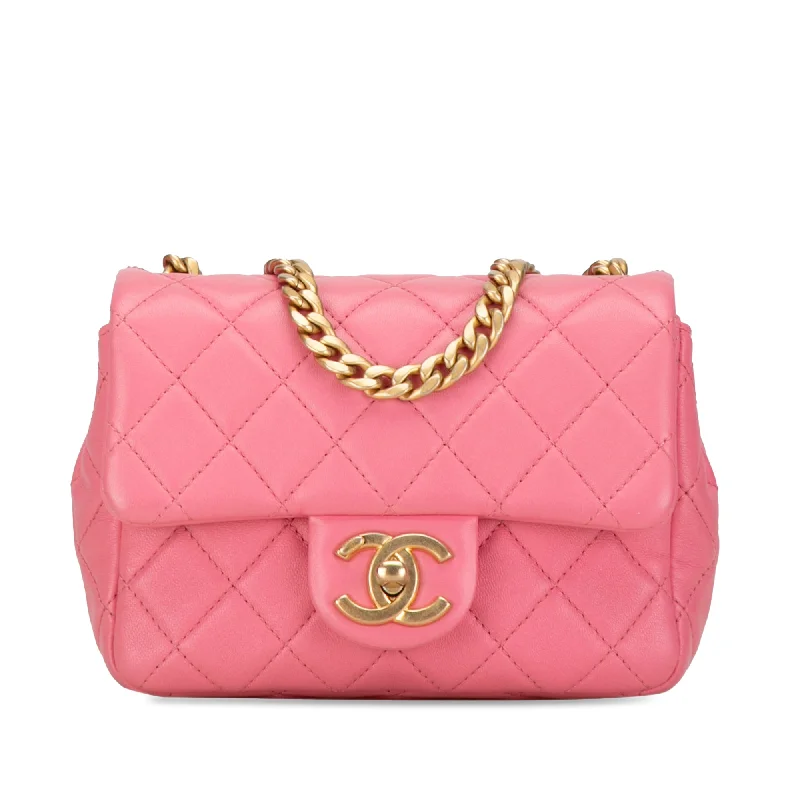 Pink Chanel Mini Square Lambskin Pearl Samba Flap Crossbody Bag