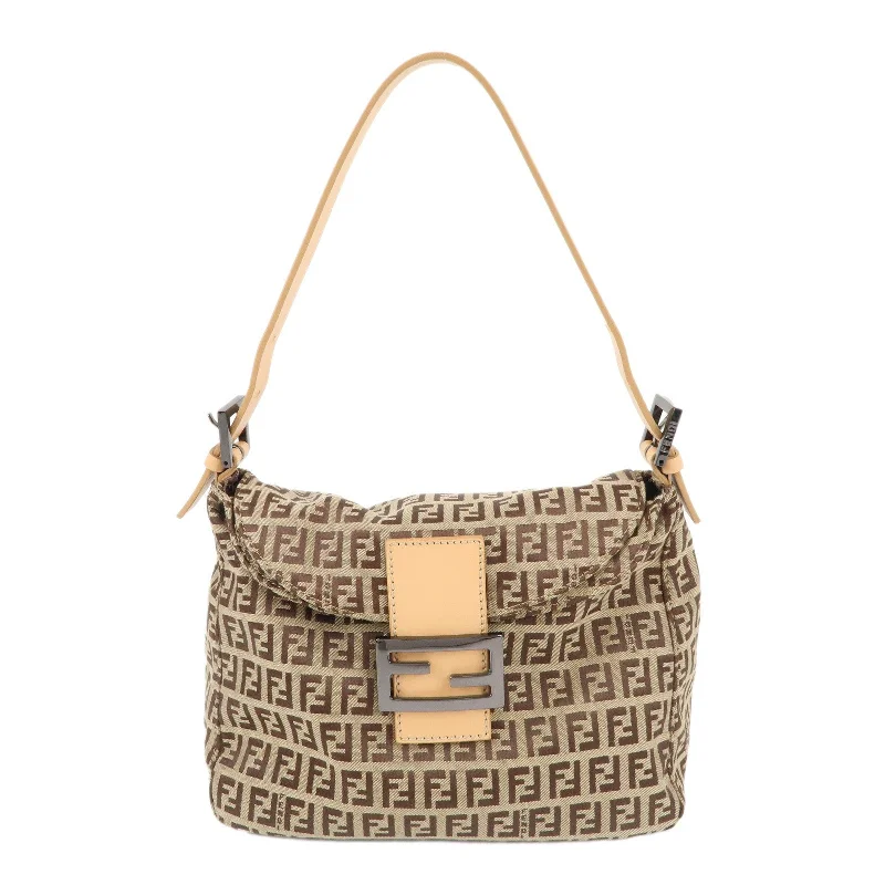 Fendi crossbody bags with a faux fur trim for a warm and stylish winter accessoryFENDI Mamma Baguette Zucchino Canvas Leather Shoulder Bag 8BR004