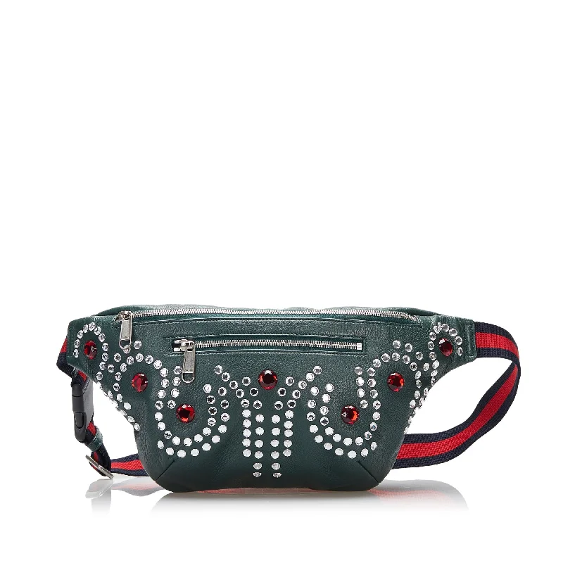 Women Gucci crossbody bags with a keychain holderGucci Web Belt Bag Green Crystal Embellished Leather