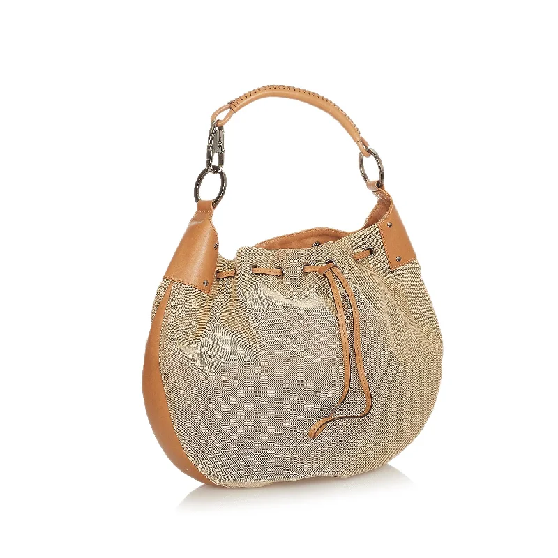 Women Gucci bags with a front - flap pocket for quick - access itemsGucci Canvas Drawstring Hobo Bag (24994)