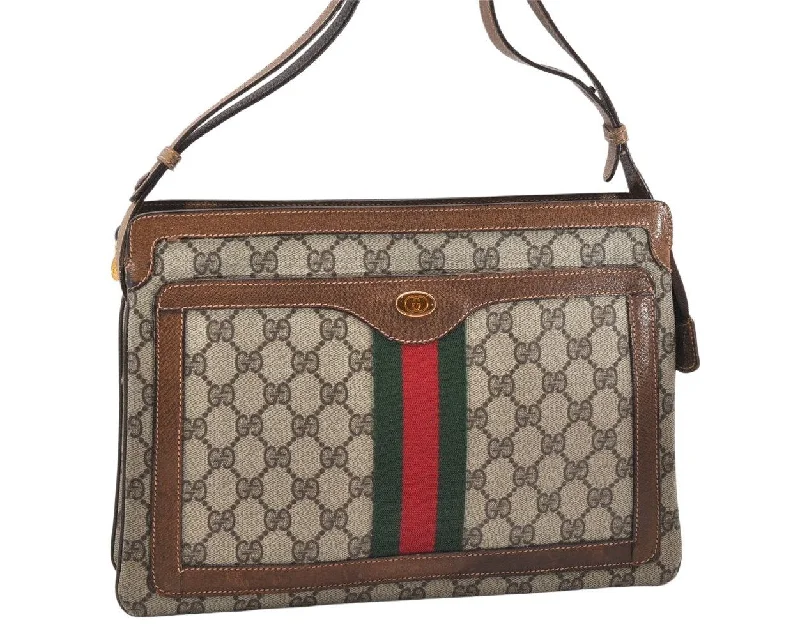 Women Gucci Sylvie bags with a leather - wrapped handleAuthentic GUCCI Web Sherry Line Shoulder Bag GG PVC Leather Brown Junk 4788K