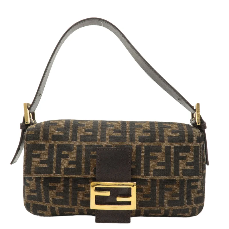 Fendi bags with a back - zip pocket for storing valuables securelyFENDI Mamma Baguette Zucca Canvas Leather Shoulder Bag Brown 26424