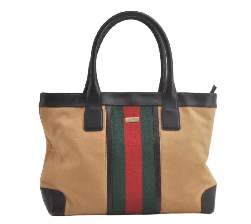 Gucci tote bags for women with a water - resistant coatingAuthentic GUCCI Web Sherry Line Tote Bag Canvas Leather 0021119 Beige 5083K