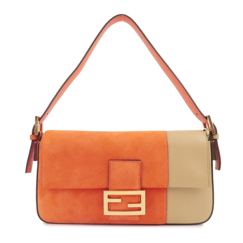 Fendi Sunshine Shopper bags with a structured silhouette and a magnetic - snap closureFENDI Mamma Baguette Suede Leather Shoulder Bag Orange 8BR792