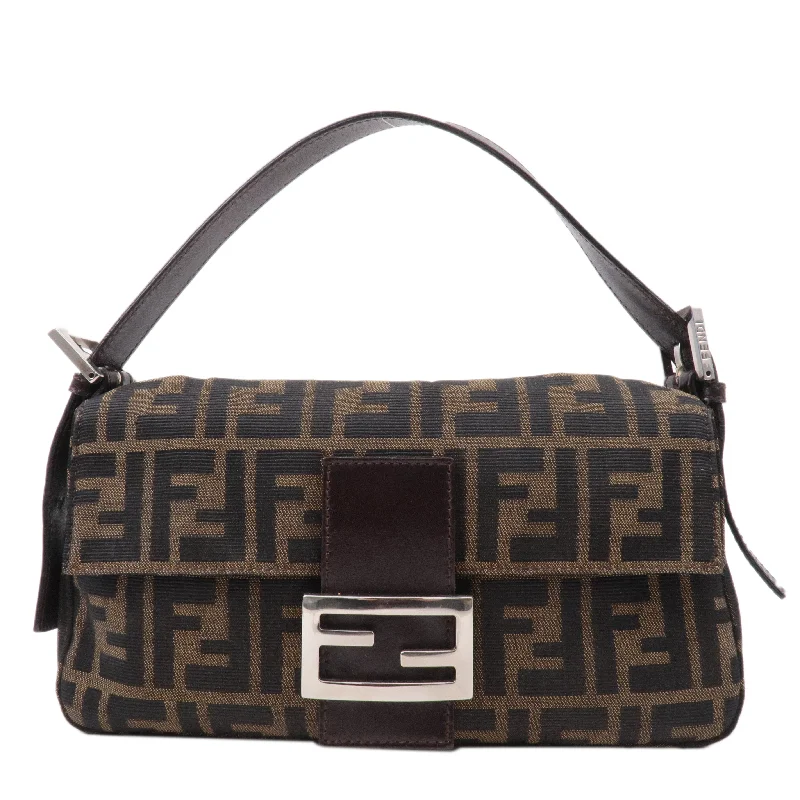 Ladies Fendi Peekaboo bags with a back - pocket organizer for better organizationFENDI Mamma Baguette Zucca Canvas Leather Shoulder Bag Brown 26424