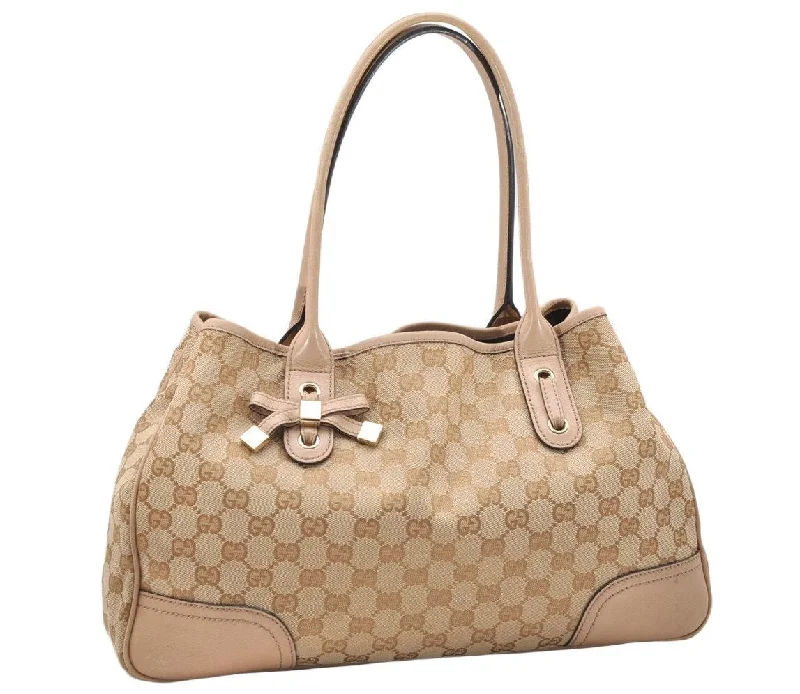 Ladies Gucci shoulder bags with a magnetic - closure flapAuthentic GUCCI Princy GG Canvas Leather Shoulder Tote Bag 163805 Beige 4738K