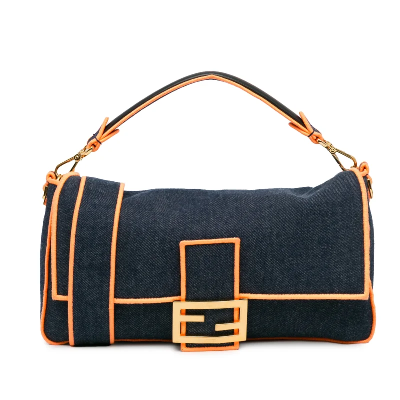 Blue Fendi Large Denim Baguette Satchel