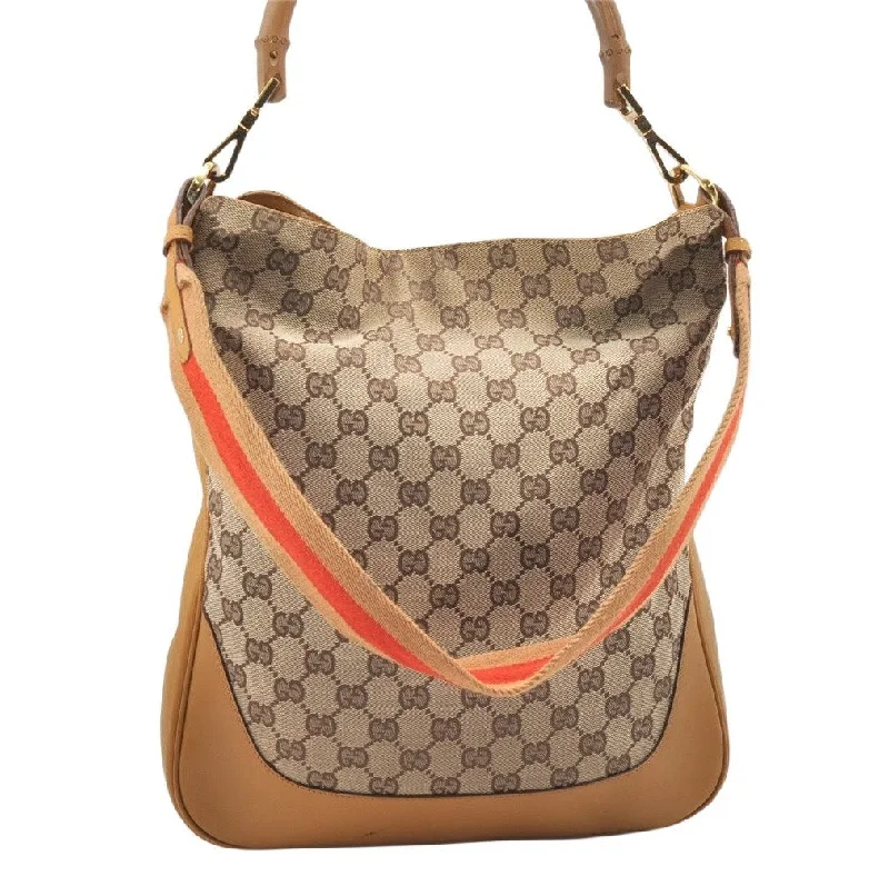 Women Gucci crossbody bags with a woven leather strapAuthentic GUCCI Bamboo 2Way Shoulder Bag GG Canvas Leather 0014058 Brown 5146K