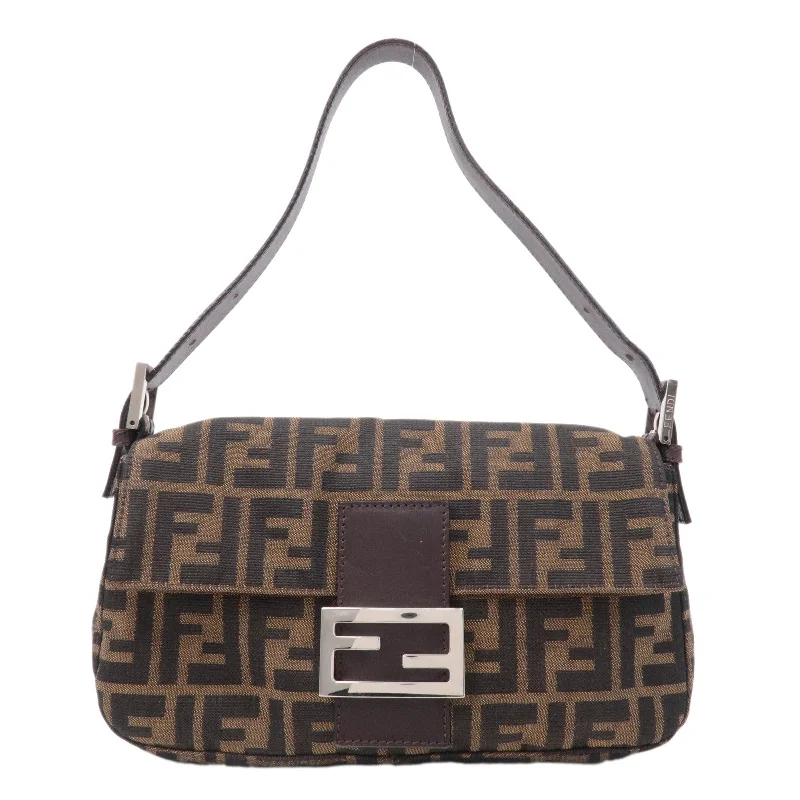 Ladies Fendi shoulder bags with a hidden magnetic pocket for discreet storageFENDI Mamma Baguette Zucca Canvas Leather Shoulder Bag Brown 26424