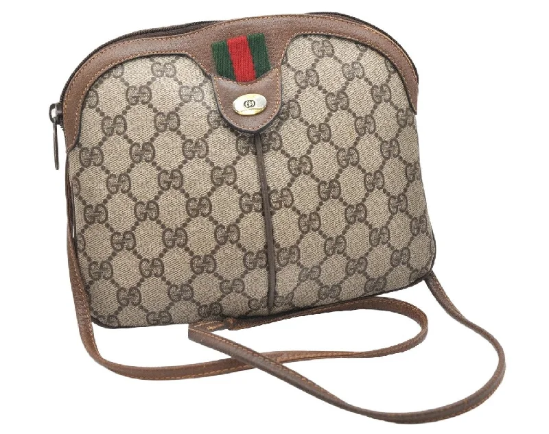 Women Gucci Sylvie bags featuring the signature web stripeAuthentic GUCCI Web Sherry Line Shoulder Bag GG PVC Leather Brown Junk 5145K