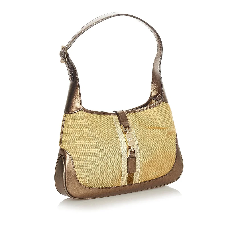 Women Gucci bags with a chain - link trim and a leather bodyGucci Canvas Jackie Shoulder Bag (24568)