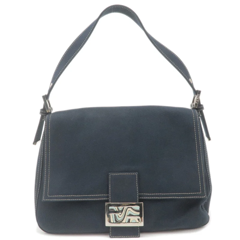 Fendi crossbody bags with a reflective strap for safety during low - light conditionsFENDI Mamma Baguette Canvas Leather Shoulder Bag Navy 26325