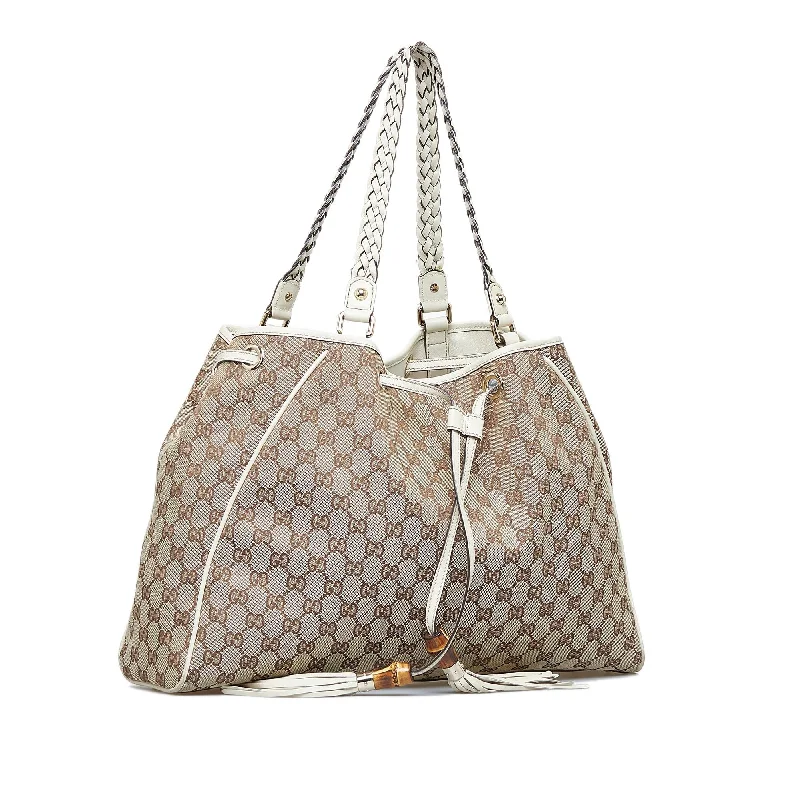 Women Gucci bags with a chain - link trim and a leather bodyGucci GG Canvas Peggy Tote (SHG-YDxBat)