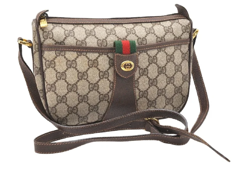 Gucci Marmont bags for women with a contrast - colored interiorAuthentic GUCCI Web Sherry Line Shoulder Bag GG PVC Leather Brown Junk 5151K