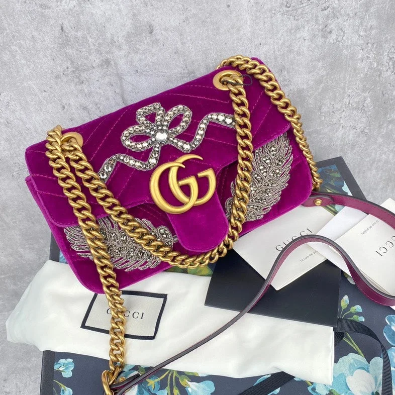 Ladies Gucci Dionysus bags with a chain - link shoulder strapGucci Marmot Fuchsia Velvet Embellished Crossbody Bag Medium