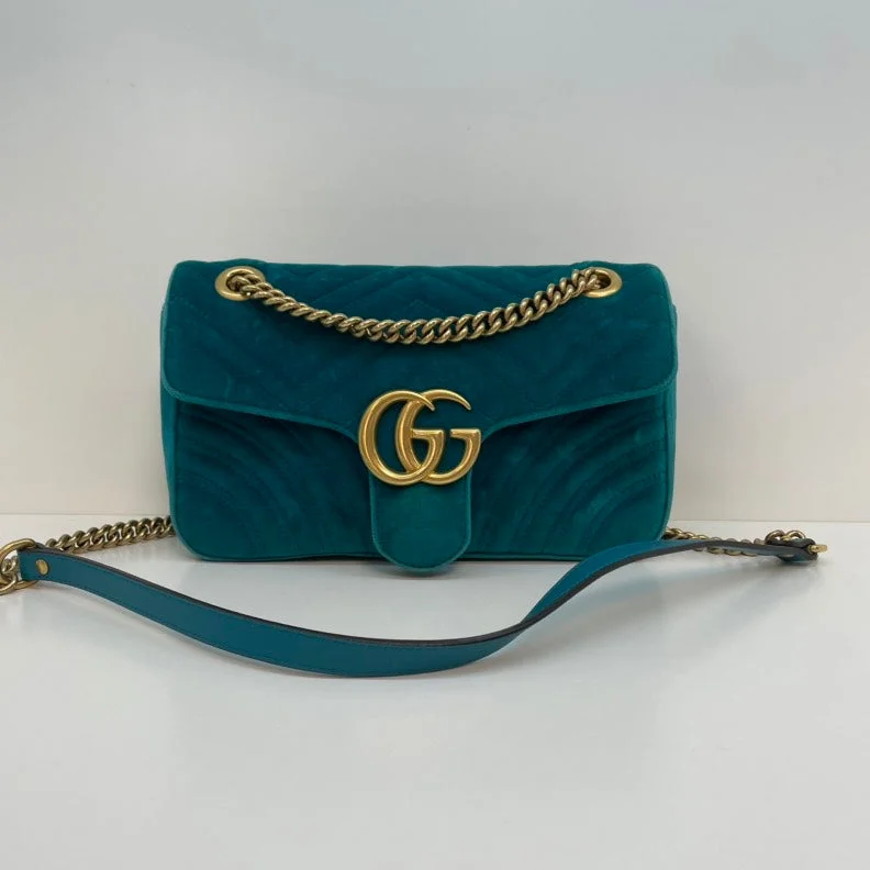 Women Gucci Sylvie bags with a crystal - embellished web stripeGucci Marmont Teal Velvet Crossbody Bag Medium