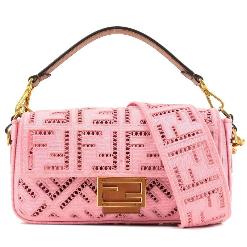 Ladies Fendi Peekaboo bags with a hand - stitched leather handle for artisanal charmFENDI Mamma Baguette Canvas Leather Embroidery Shoulder Bag Pink 8BR600