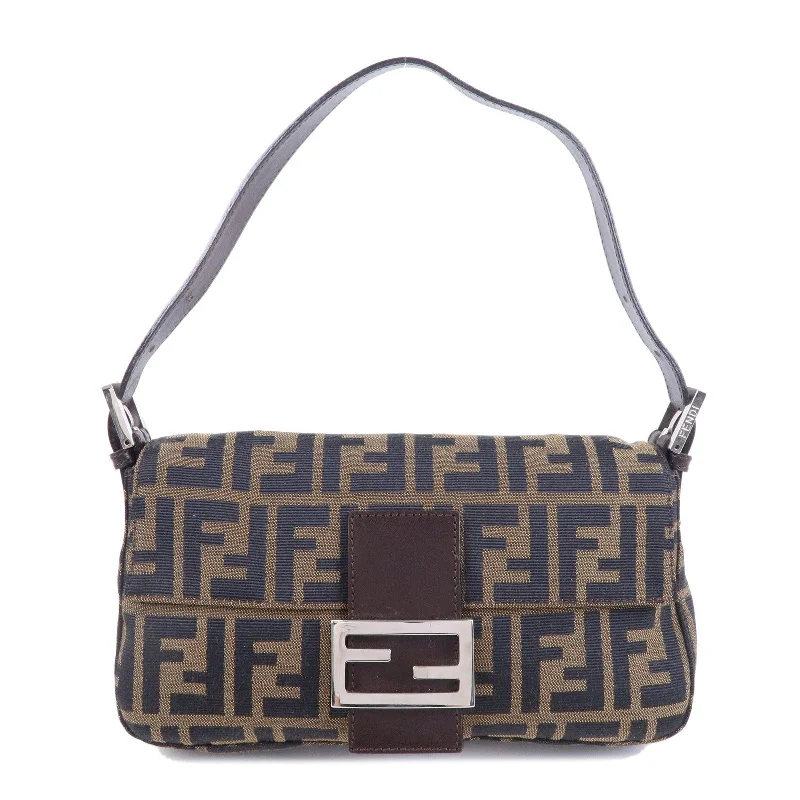 Fendi tote bags with a double - handle and shoulder - strap option for versatile carryingFENDI Mamma Baguette Zucca Canvas Leather Shoulder Bag Brown 26424