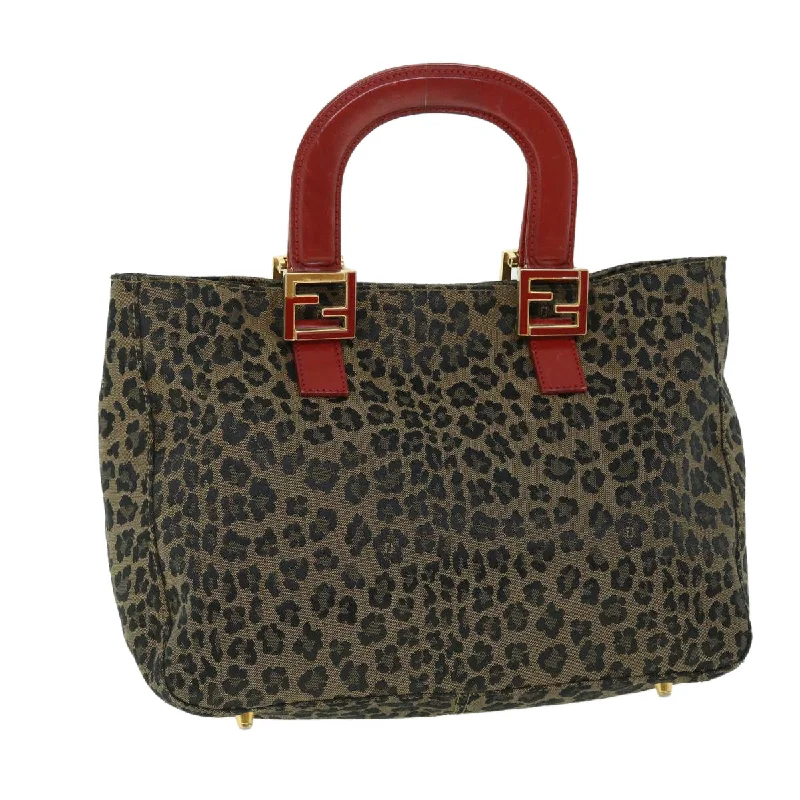 Fendi tote bags with a double - zip closure for enhanced securityFENDI Leopard Hand Bag Nylon Leather Brown Red  50533