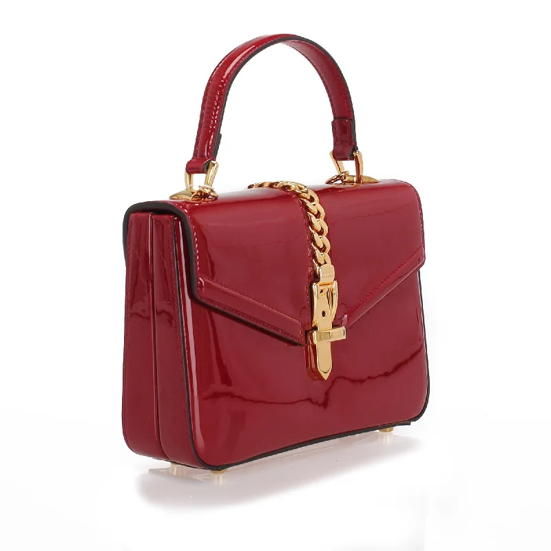 Women Gucci Sylvie bags with a crystal - embellished web stripeGucci Sylvie 1969 Patent Leather Satchel (SHG-24887)