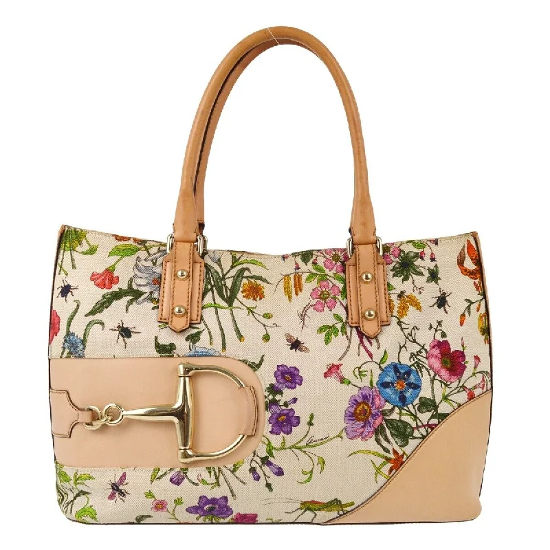 Women Gucci bags with a detachable mirror insideGucci Beige Flower Horsebit Tote Handbag