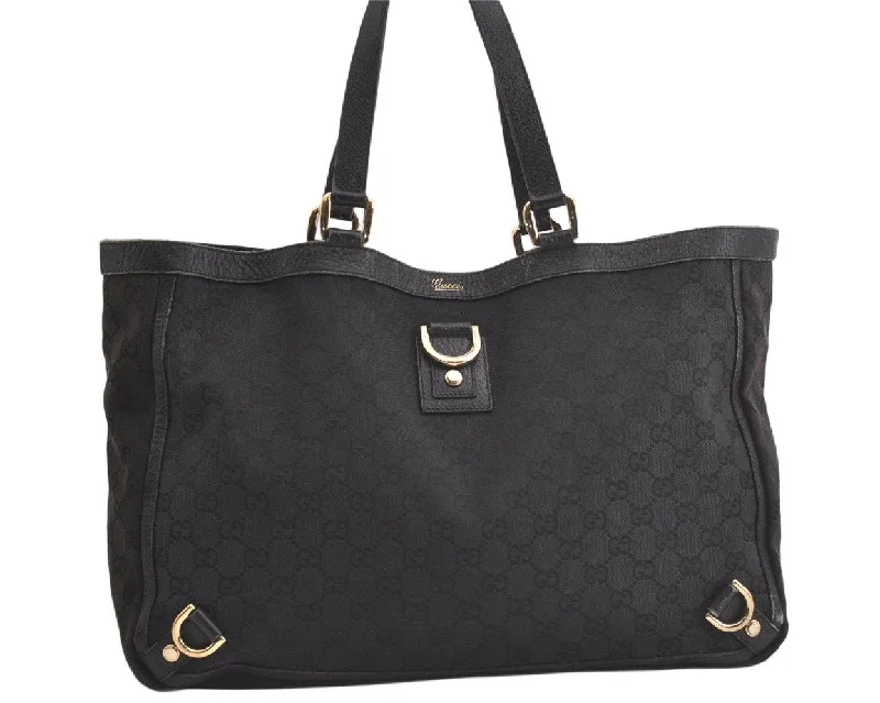 Women Gucci bags with a chain - link trim and a leather bodyAuthentic GUCCI Abbey Shoulder Tote Bag GG Canvas Leather 141472 Black 4744K