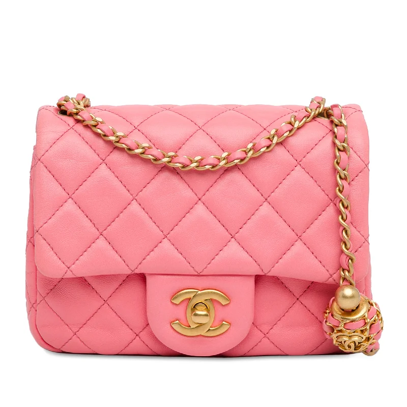 Pink Chanel Mini Square Classic Lambskin Pearl Crush Flap Crossbody Bag