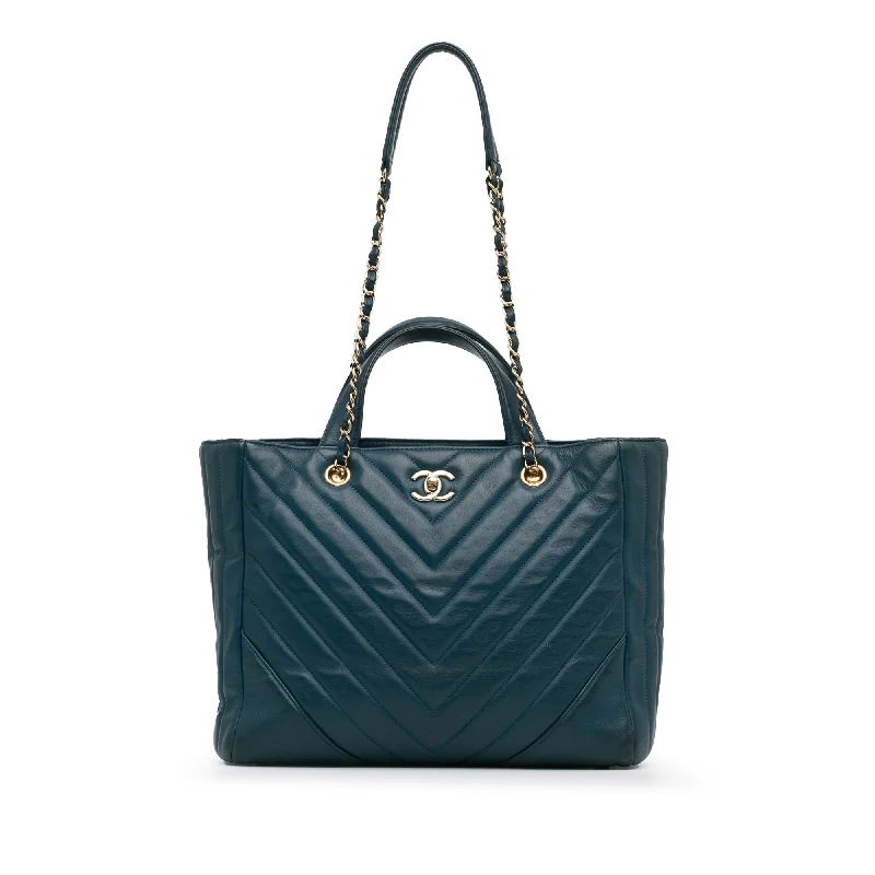 Blue Chanel CC Chevron Calfskin Statement Shopping Tote Satchel