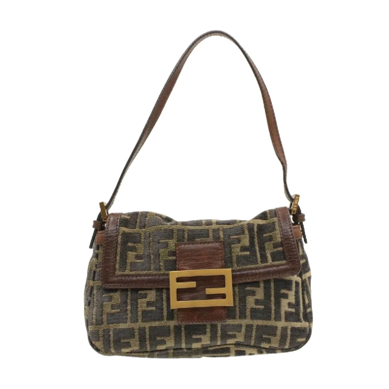 Ladies Fendi Baguette bags with a star - shaped charm for a playful and trendy touchFENDI Mamma Baguette Zucca Canvas Shoulder Bag freeze Black Brown  am154b