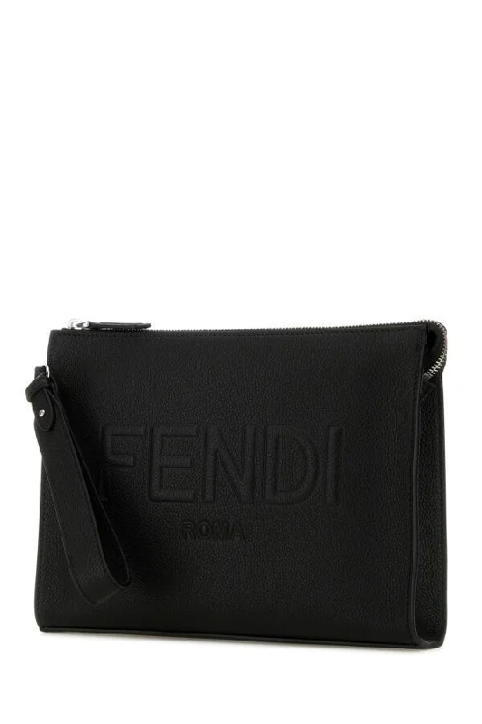 Ladies Fendi shoulder bags with a tassel - decorated zipper for added charm and styleFendi Man Black Leather Clutch