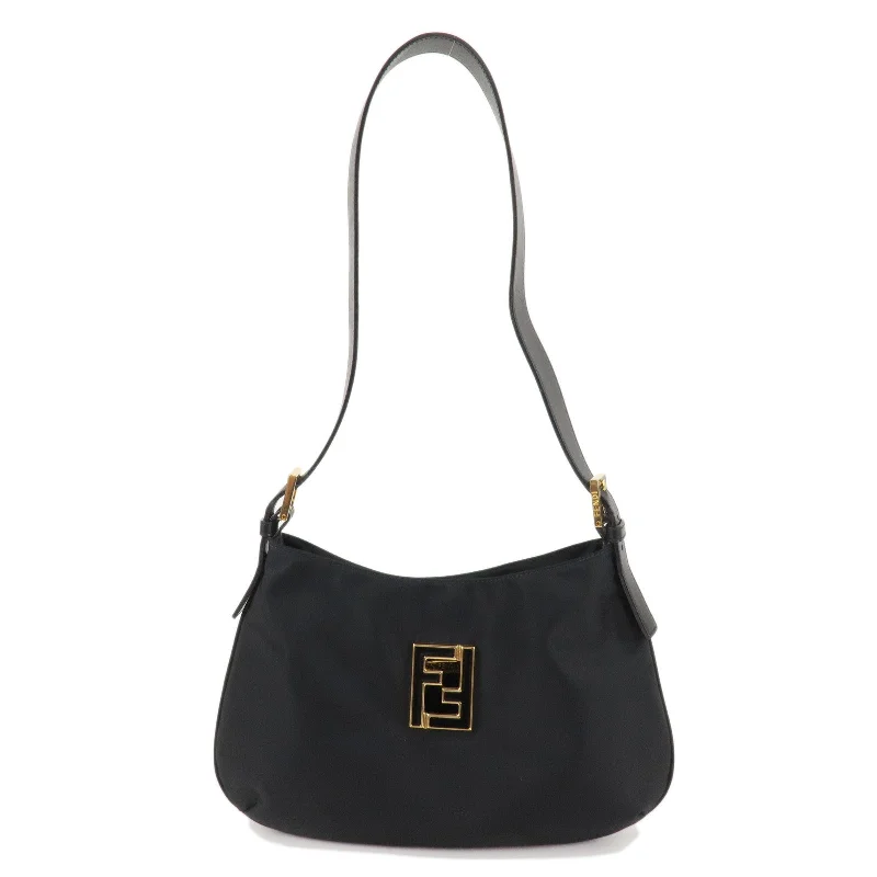 Fendi tote bags with a printed Fendi logo on the front for high brand visibilityFENDI Logo Nylon Leather Shoulder Bag Black 15330