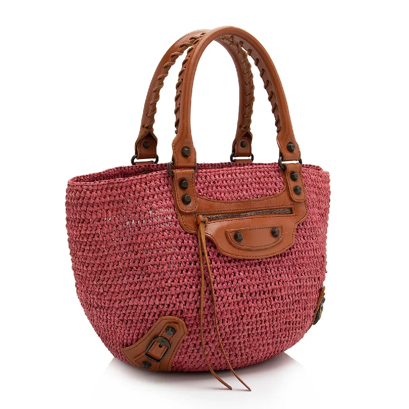 Balenciaga Raffia Motocross Classic Panier Small Tote (SHF-23349)