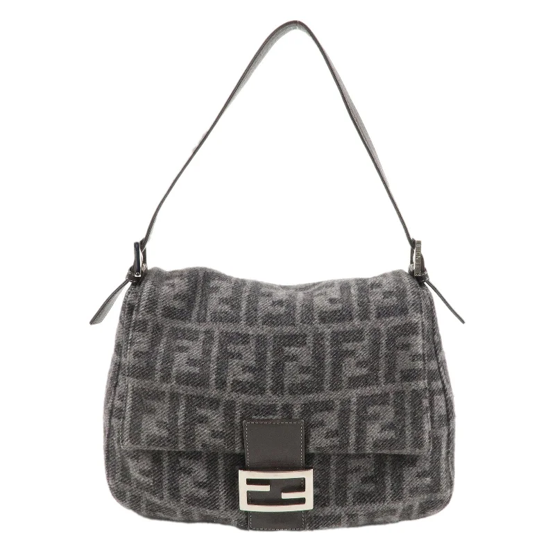 Fendi Baguette bags featuring the iconic FF logo plaque for a branded lookFENDI Mamma Baguette Zucca Wool Leather Shoulder Bag 26325