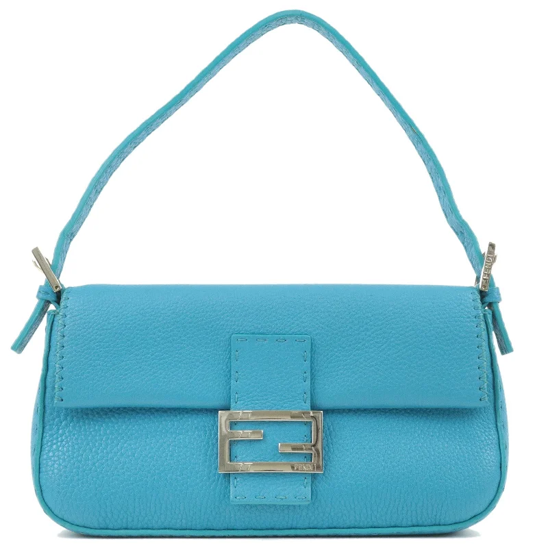 Ladies Fendi Baguette bags with a star - shaped charm for a playful and trendy touchFENDI Selleria Mamma Baguette Leather Shoulder Bag Blue 8BR600