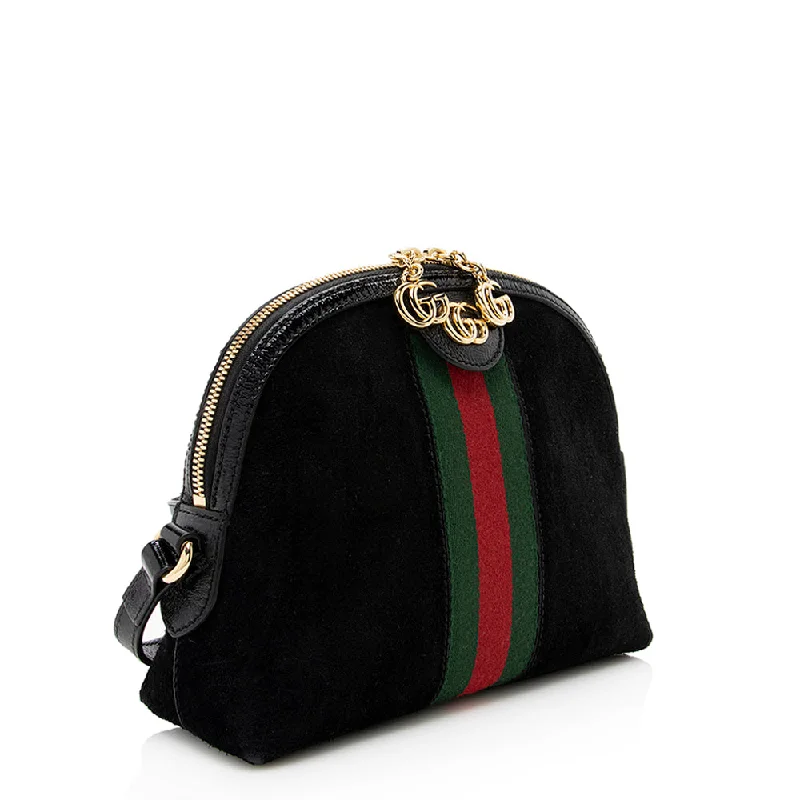 Gucci Marmont bags for women with a contrast - colored interiorGucci Suede Patent Leather Ophidia Dome Small Shoulder Bag (SHF-19215)