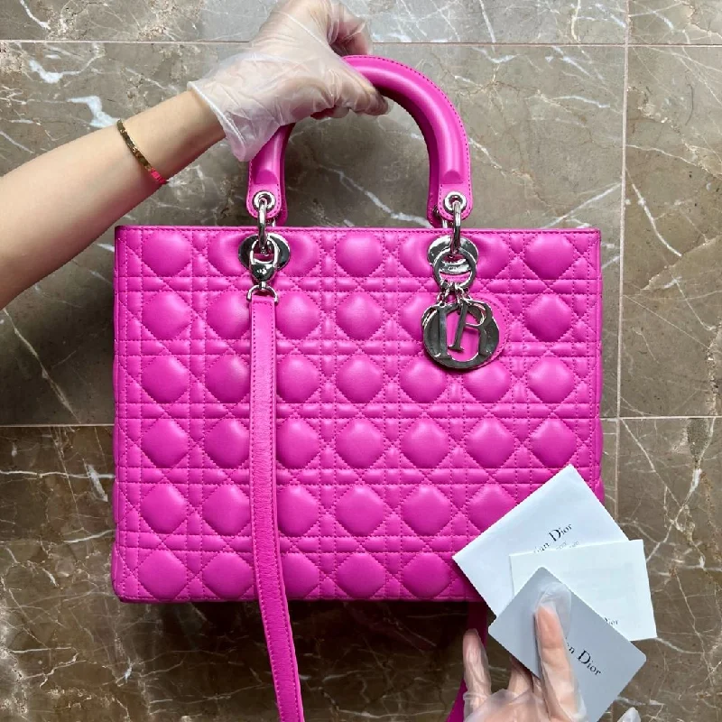 Christian Dior handbags with a back - pocket for quick storageLady Large Lambskin Hot Pink SHW