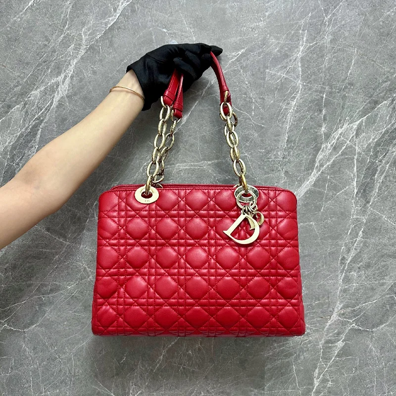 Christian Dior tote bags with a double - handle and shoulder - strap optionLady Medium Tote Lambskin Red GHW