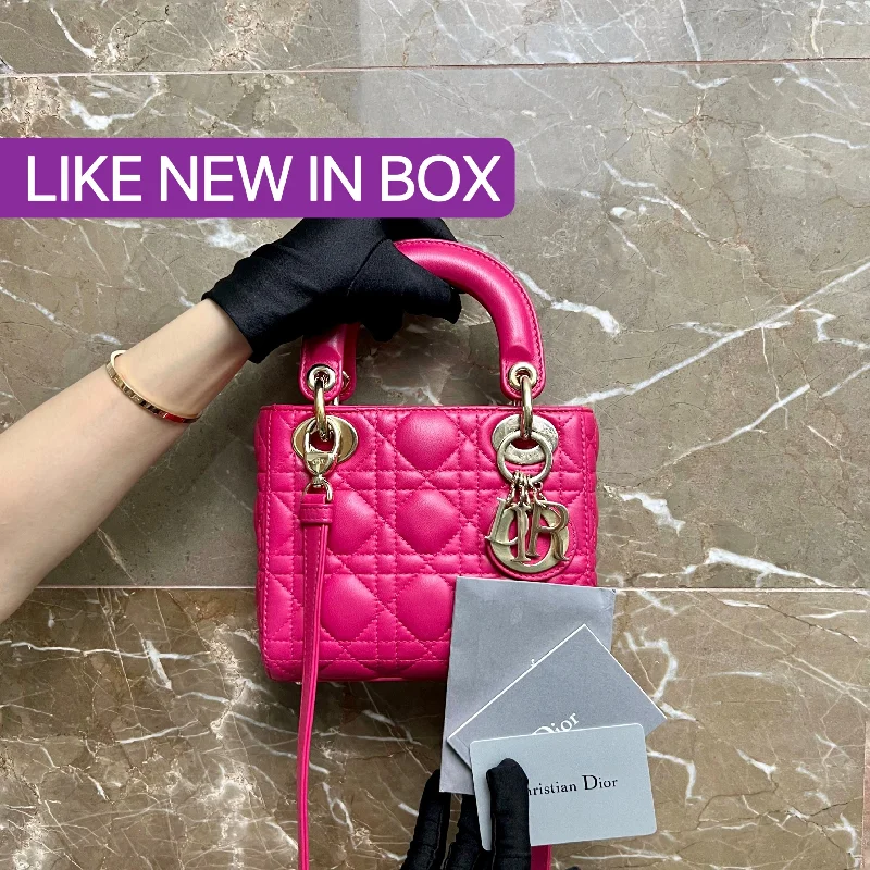 High - fashion Christian Dior bags with a geometric patternLady Mini Lambskin Adjustable Strap Hot Pink GHW