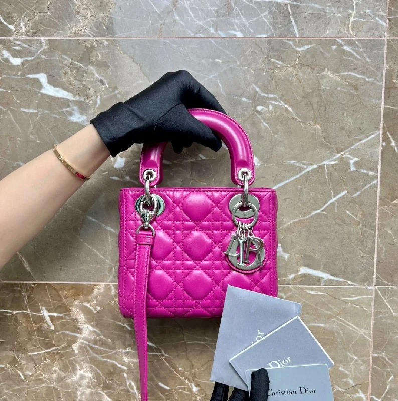 Christian Dior handbags with a detachable mirror for on - the - go touch - upsLady Mini Lambskin Hot Pink SHW