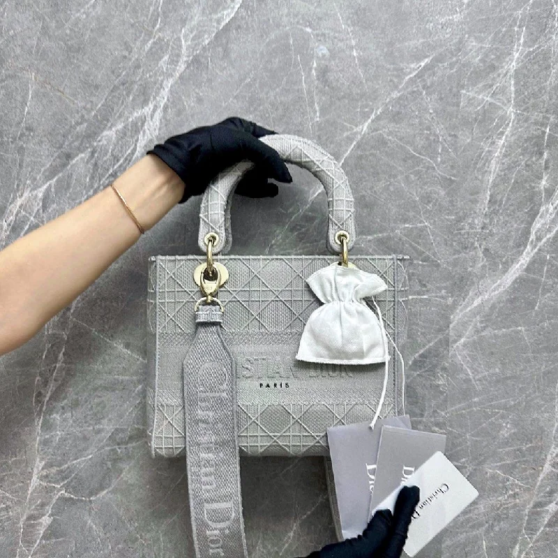 Christian Dior handbags with a detachable mirror for on - the - go touch - upsLady D-Lite Grey Cannage Embroidery GHW